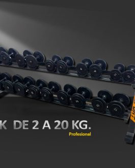 Rack con 10 pares de mancuernas de 2 a 20 kg.