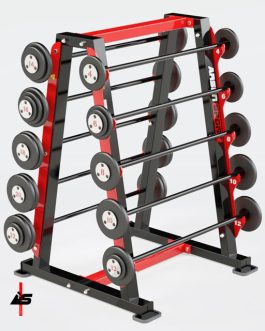 Rack con 10 barras cortas de 4 a 22 kg.
